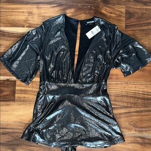 Express Black Metallic Women's Deep V Top